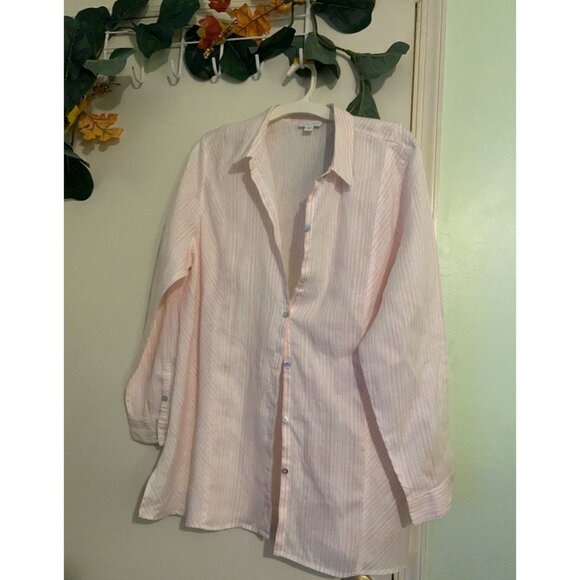 J Jill Large Love 100% Linen Pink White Striped Button Down Shirt Long Sleeve XL - Picture 1 of 14